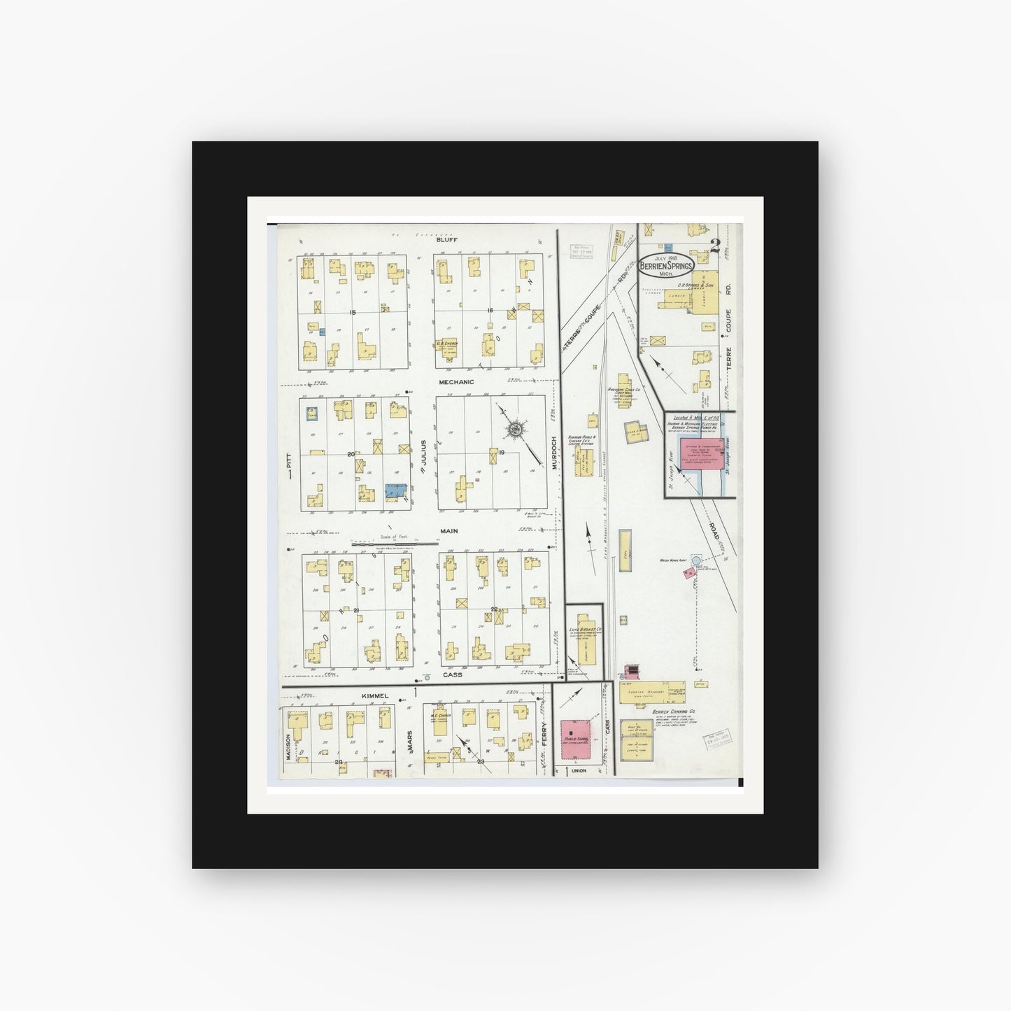 Old map wall art mockup — black gallery frame with white mat — Sanborn Fire Insurance Map from Berrien Springs, Berrien County, Michigan (1918), Sheet #0002