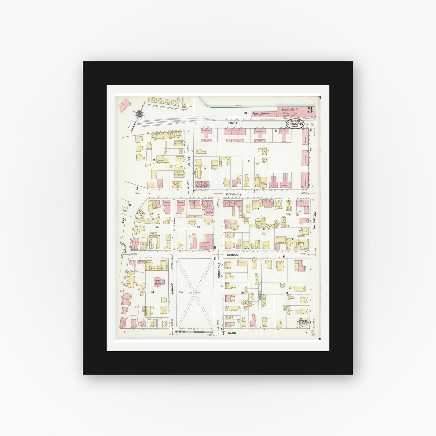 Old map wall art mockup — black gallery frame with white mat — Sanborn Fire Insurance Map from Chicopee, Hampden County, Massachusetts (1910), Sheet #0003