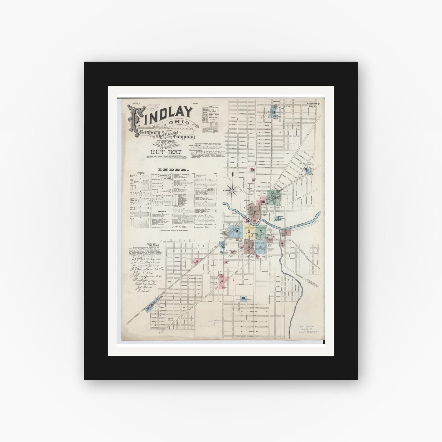 Old map wall art mockup — black gallery frame with white mat — Sanborn Fire Insurance Map from Findlay, Hancock County, Ohio (1887), Sheet #0001