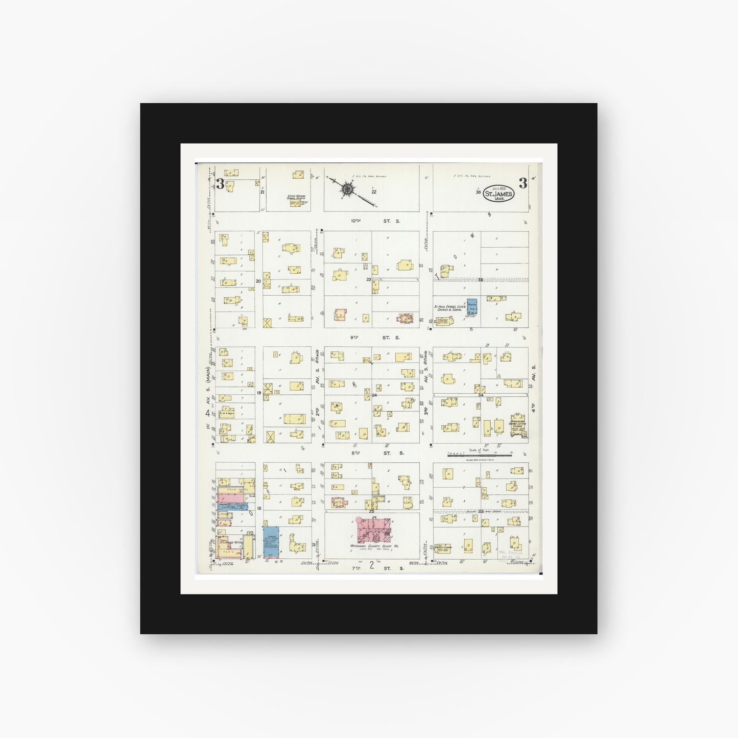 Old map wall art mockup — black gallery frame with white mat — Sanborn Fire Insurance Map from Saint James, Watonwan County, Minnesota (1924), Sheet #0003