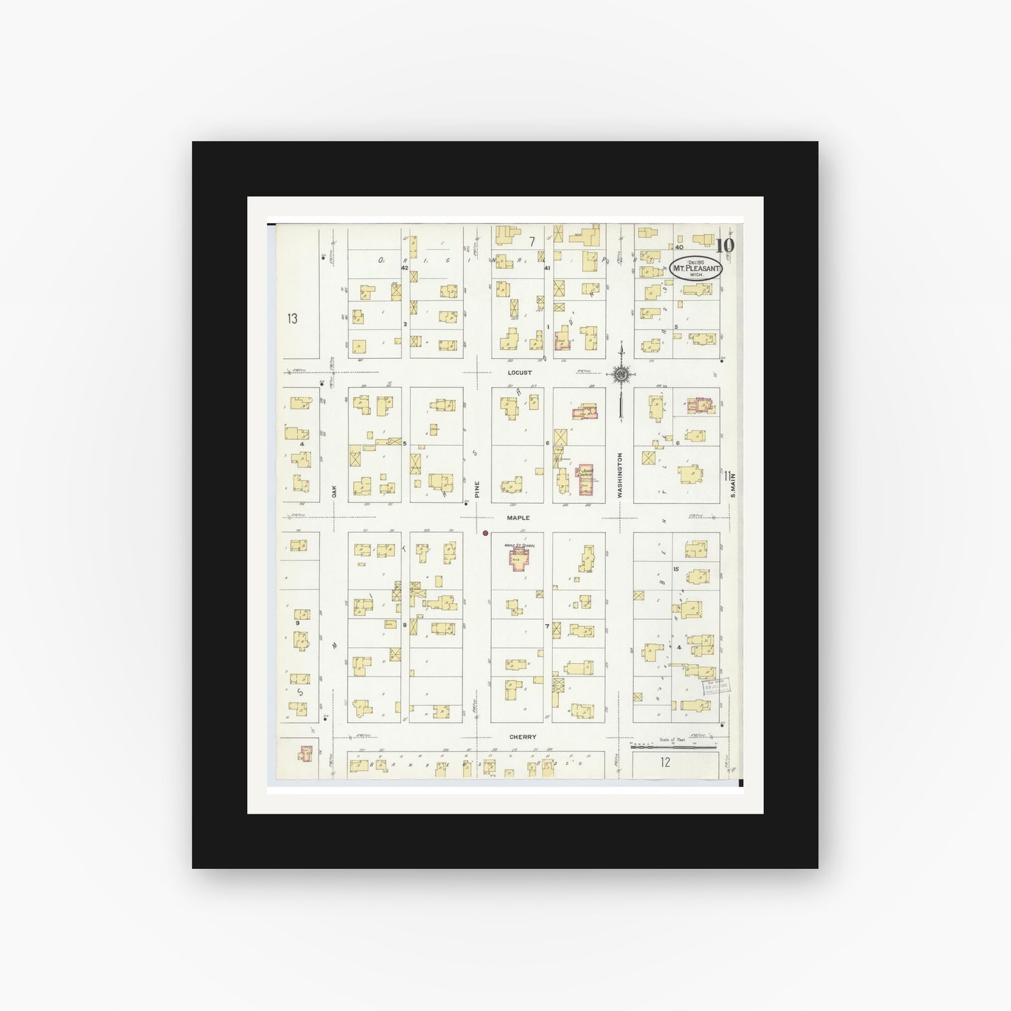 Old map wall art mockup — black gallery frame with white mat — Sanborn Fire Insurance Map from Mount Pleasant, Isabella County, Michigan (1910), Sheet #0010