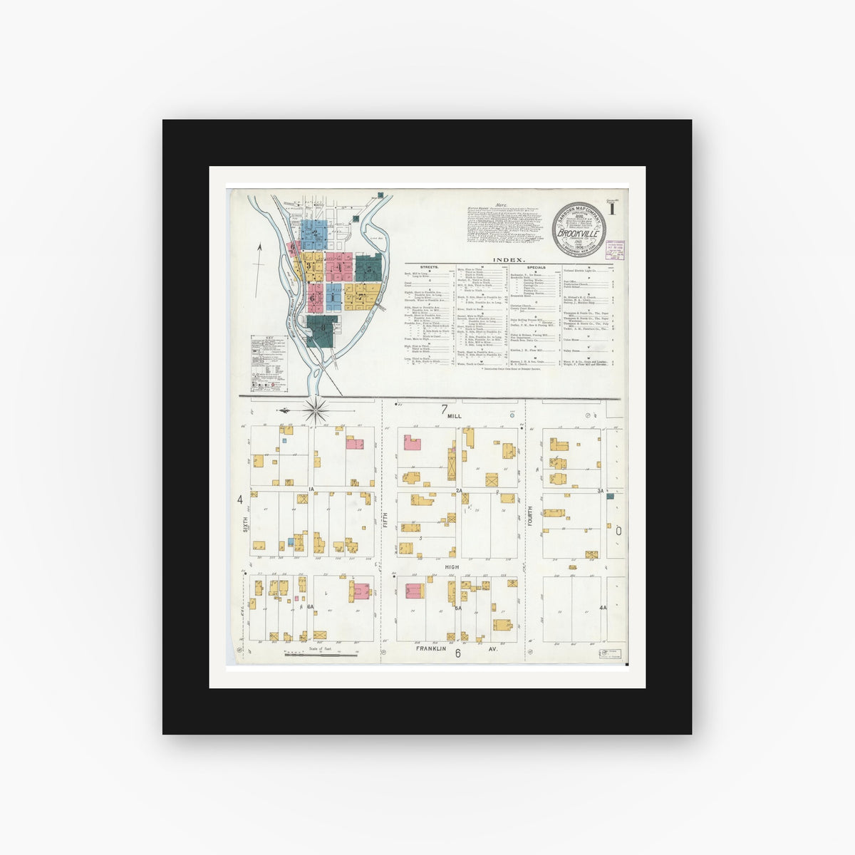 Old map wall art mockup — black gallery frame with white mat — Sanborn Fire Insurance Map from Brookville, Franklin County, Indiana (1906), Sheet #0001