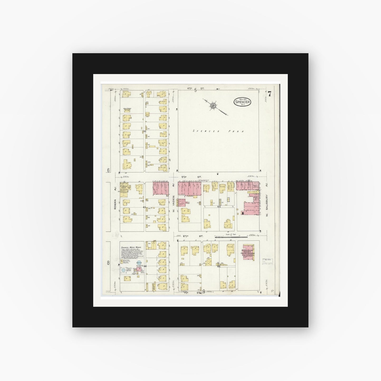 Old map wall art mockup — black gallery frame with white mat — Sanborn Fire Insurance Map from Spencer, Rowan County, North Carolina (1913), Sheet #0007