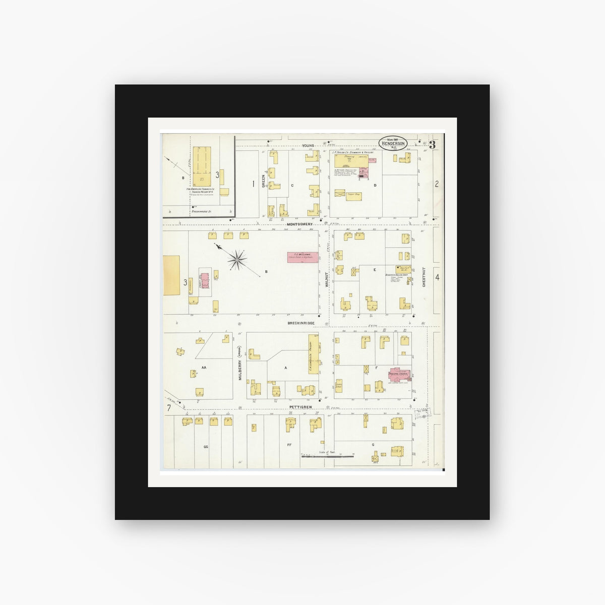 Old map wall art mockup — black gallery frame with white mat — Sanborn Fire Insurance Map from Henderson, Vance County, North Carolina (1907), Sheet #0003