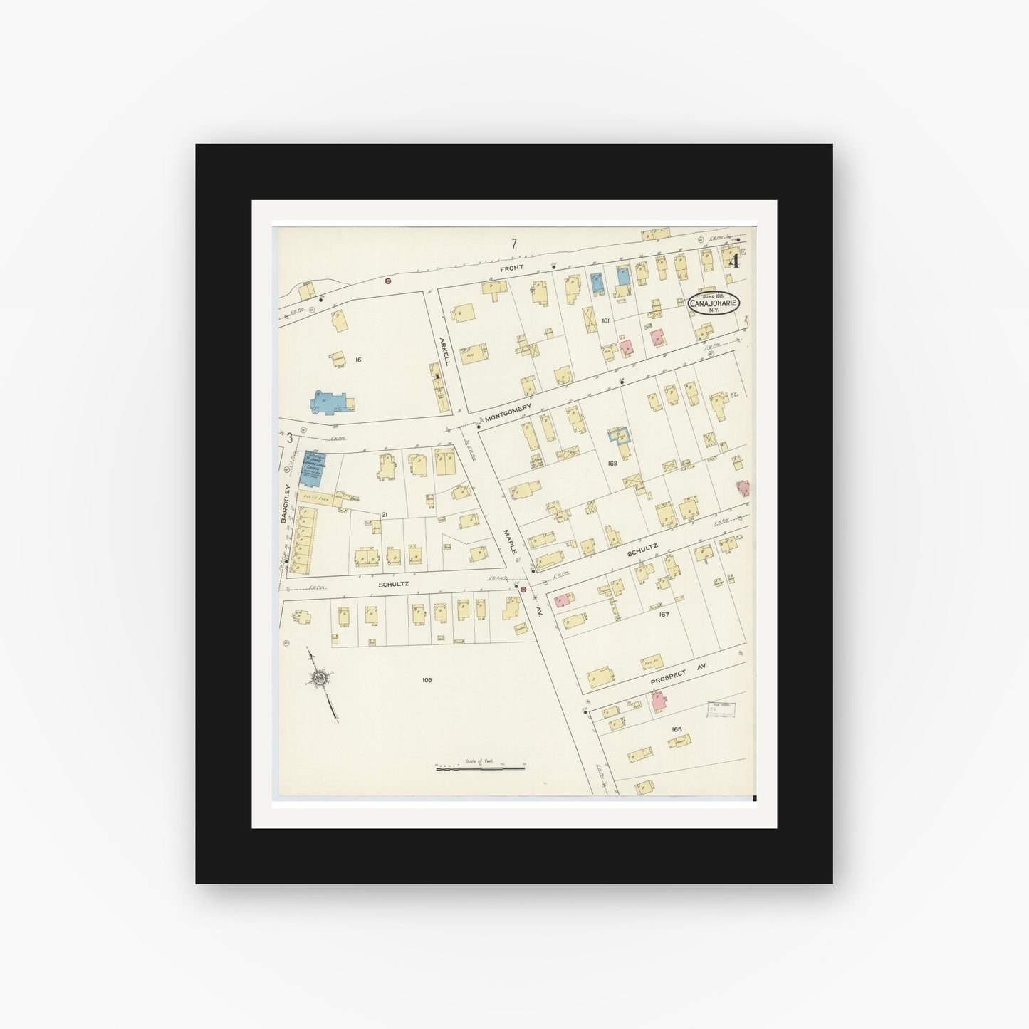Old map wall art mockup — black gallery frame with white mat — Sanborn Fire Insurance Map from Canajoharie, Montgomery County, New York (1915), Sheet #0004