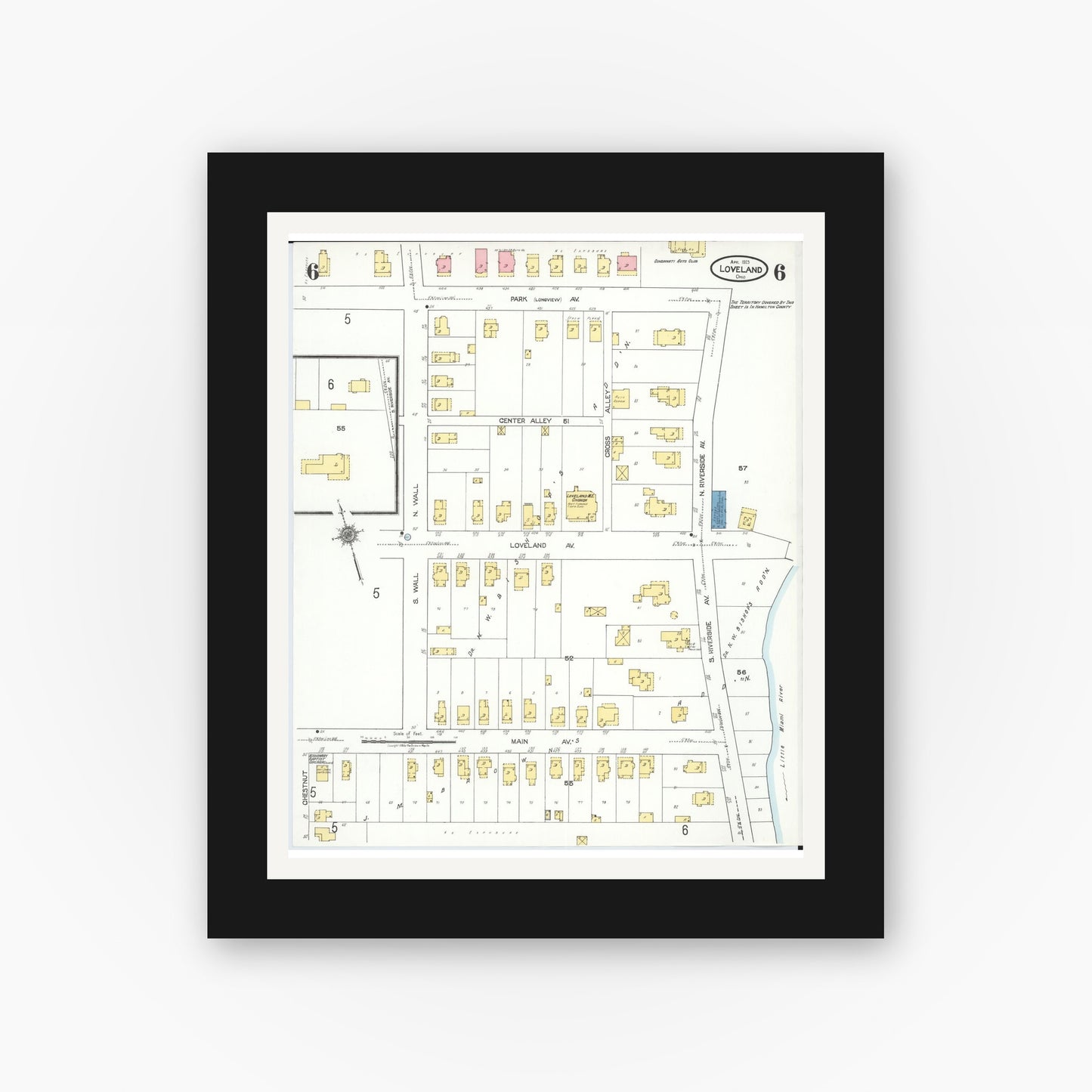 Old map wall art mockup — black gallery frame with white mat — Sanborn Fire Insurance Map from Loveland, Clermont, Hamilton, And Warren County, Ohio (1923), Sheet #0006