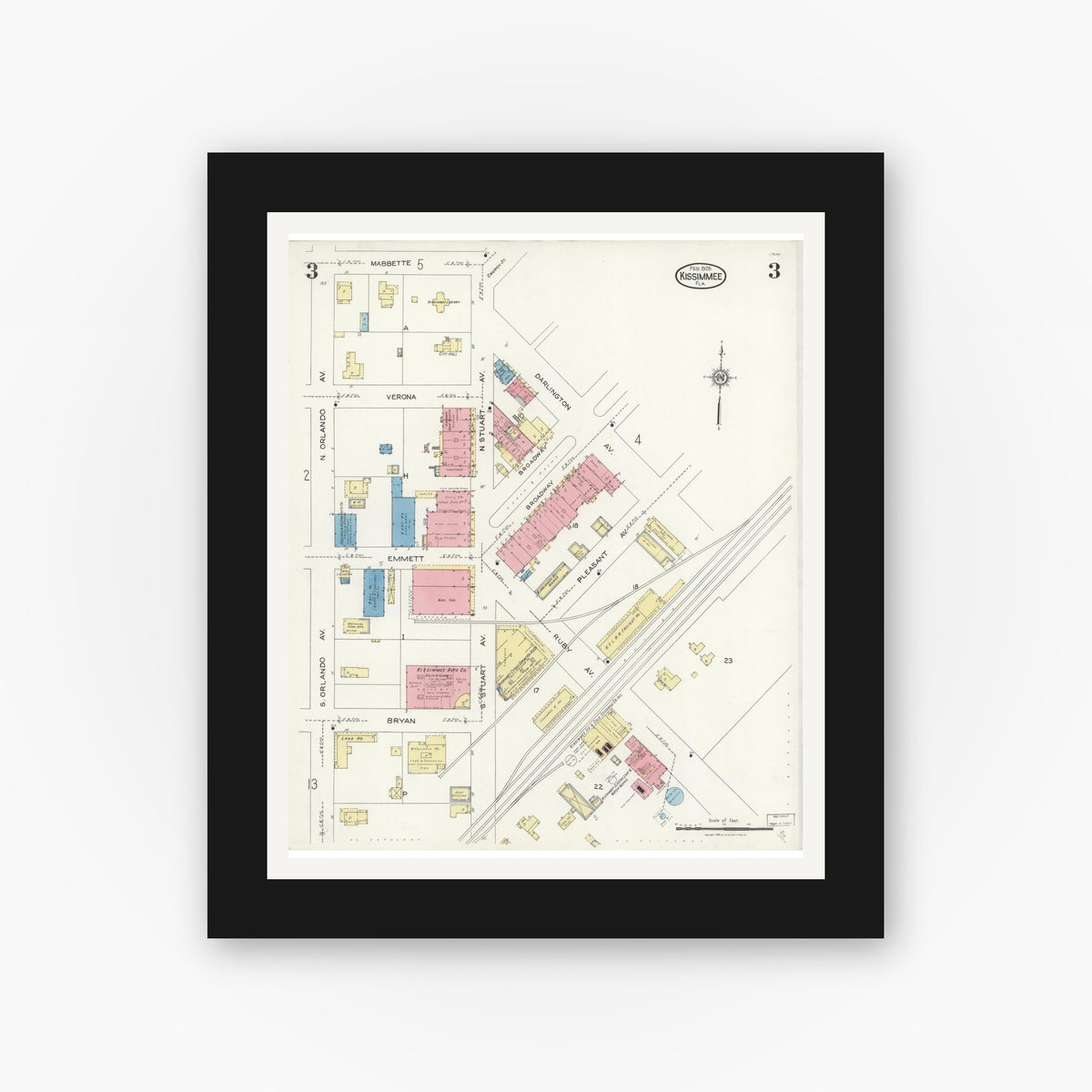 Old map wall art mockup — black gallery frame with white mat — Sanborn Fire Insurance Map from Kissimmee, Osceola County, Florida (1926), Sheet #0003