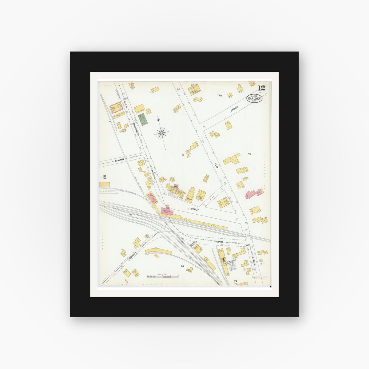 Old map wall art mockup — black gallery frame with white mat — Sanborn Fire Insurance Map from Gardner, Worcester County, Massachusetts (1900), Sheet #0012