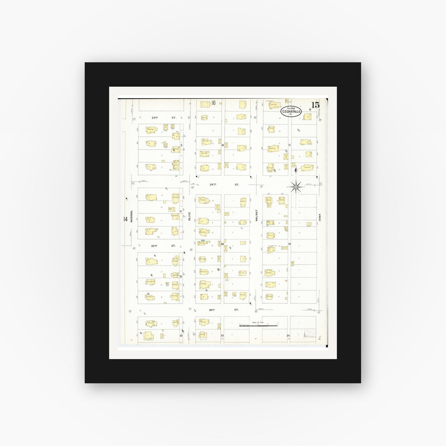 Old map wall art mockup — black gallery frame with white mat — Sanborn Fire Insurance Map from Cedar Falls, Black Hawk County, Iowa (1909), Sheet #0015