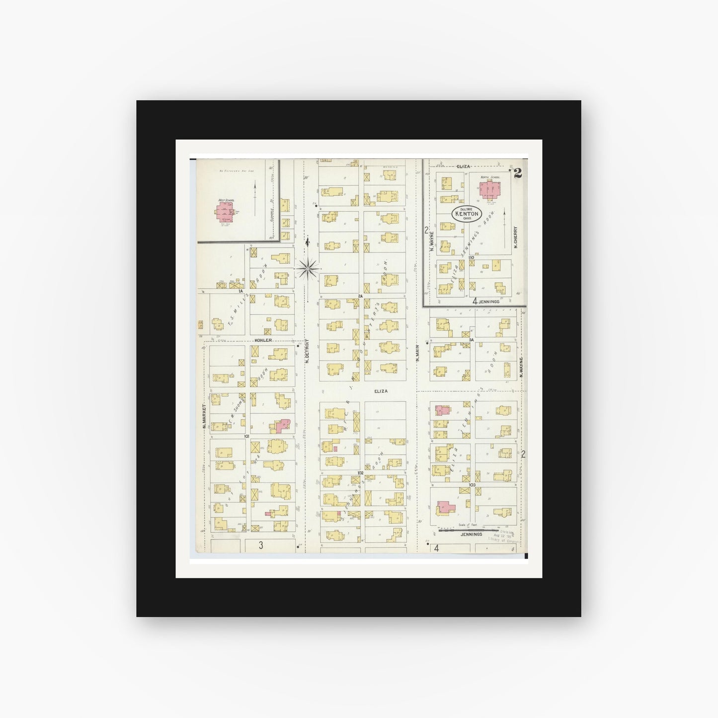 Old map wall art mockup — black gallery frame with white mat — Sanborn Fire Insurance Map from Kenton, Hardin County, Ohio (1902), Sheet #0002