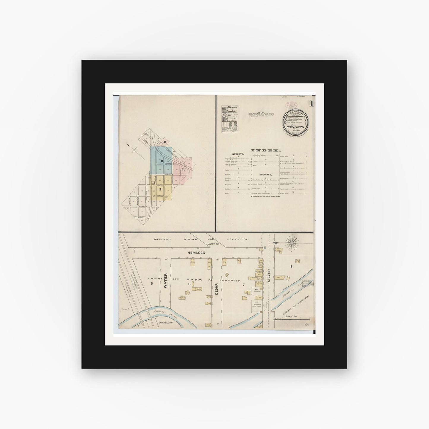 Old map wall art mockup — black gallery frame with white mat — Sanborn Fire Insurance Map from Ironwood, Gogebic County, Michigan (1888), Sheet #0001