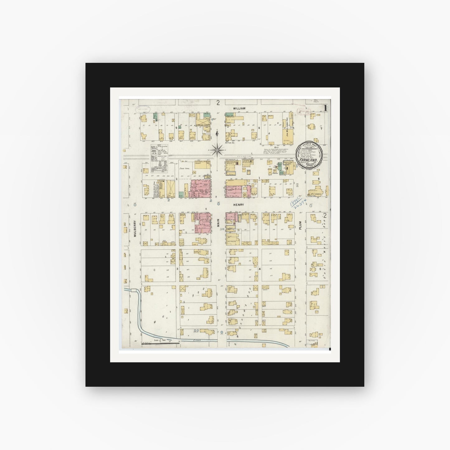 Old map wall art mockup — black gallery frame with white mat — Sanborn Fire Insurance Map from Farmland, Randolph County, Indiana (1899) - Complete Map Set