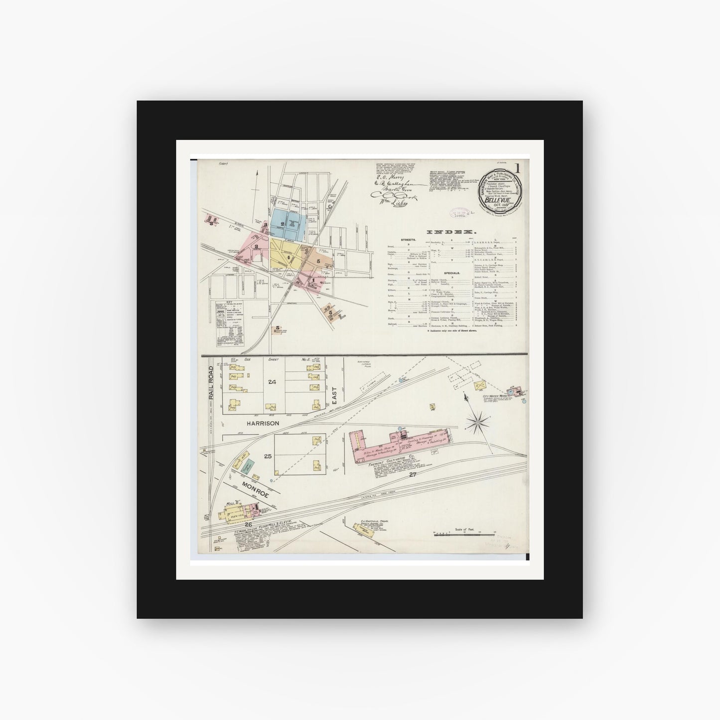 Old map wall art mockup — black gallery frame with white mat — Sanborn Fire Insurance Map from Bellevue, Huron And Sandusky County, Ohio (1887) - Complete Map Set