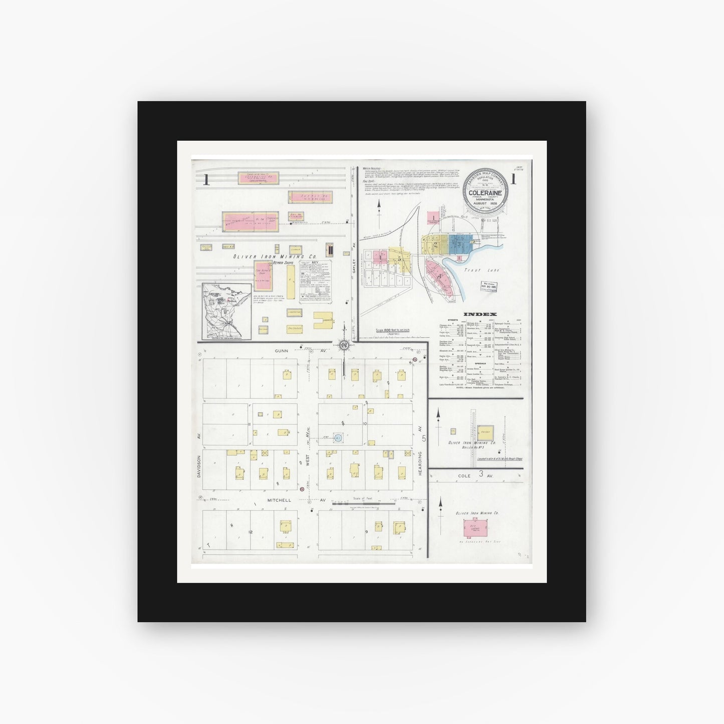 Old map wall art mockup — black gallery frame with white mat — Sanborn Fire Insurance Map from Coleraine, Itasca County, Minnesota (1928), Sheet #0001