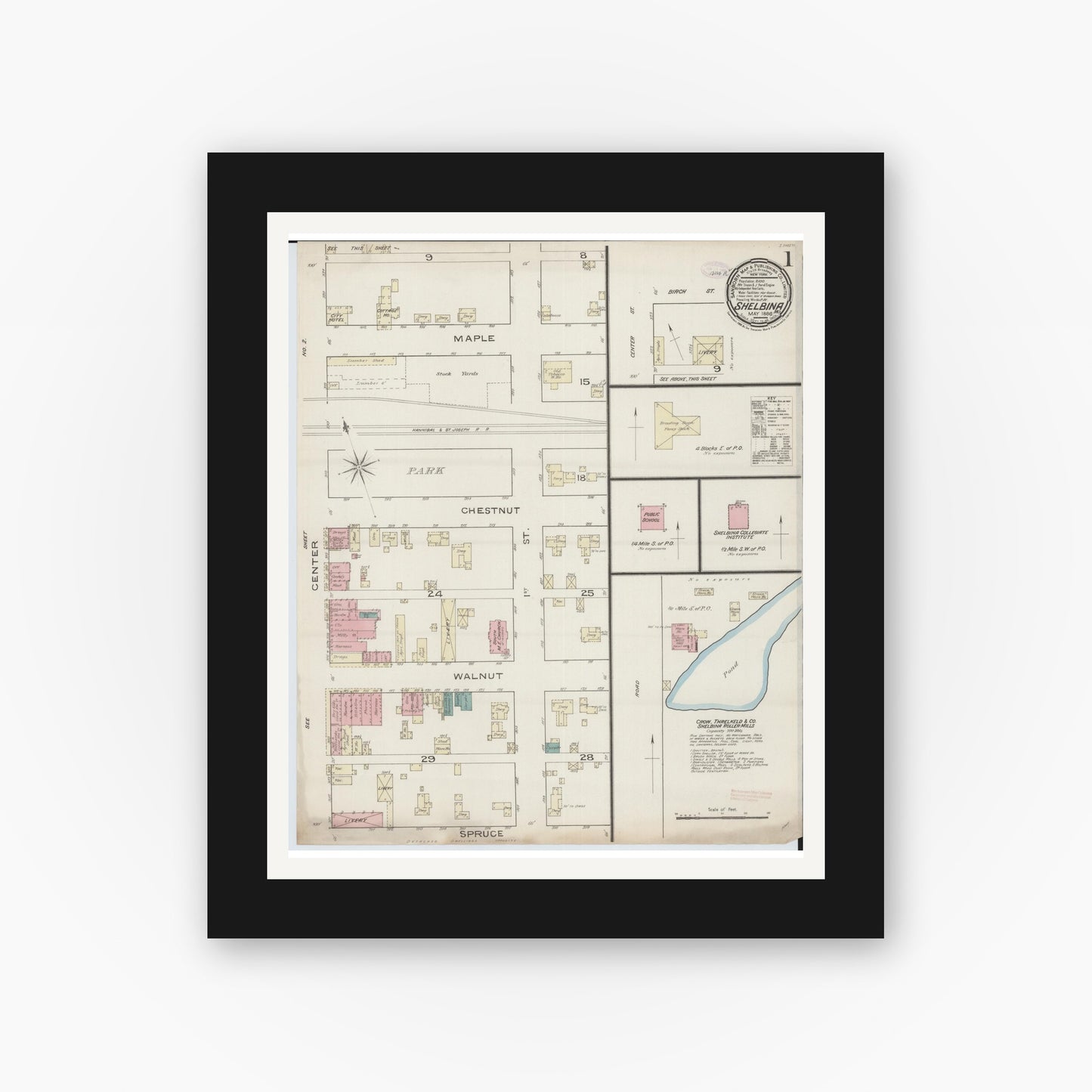 Old map wall art mockup — black gallery frame with white mat — Sanborn Fire Insurance Map from Shelbina, Shelby County, Missouri (1886), Sheet #0001