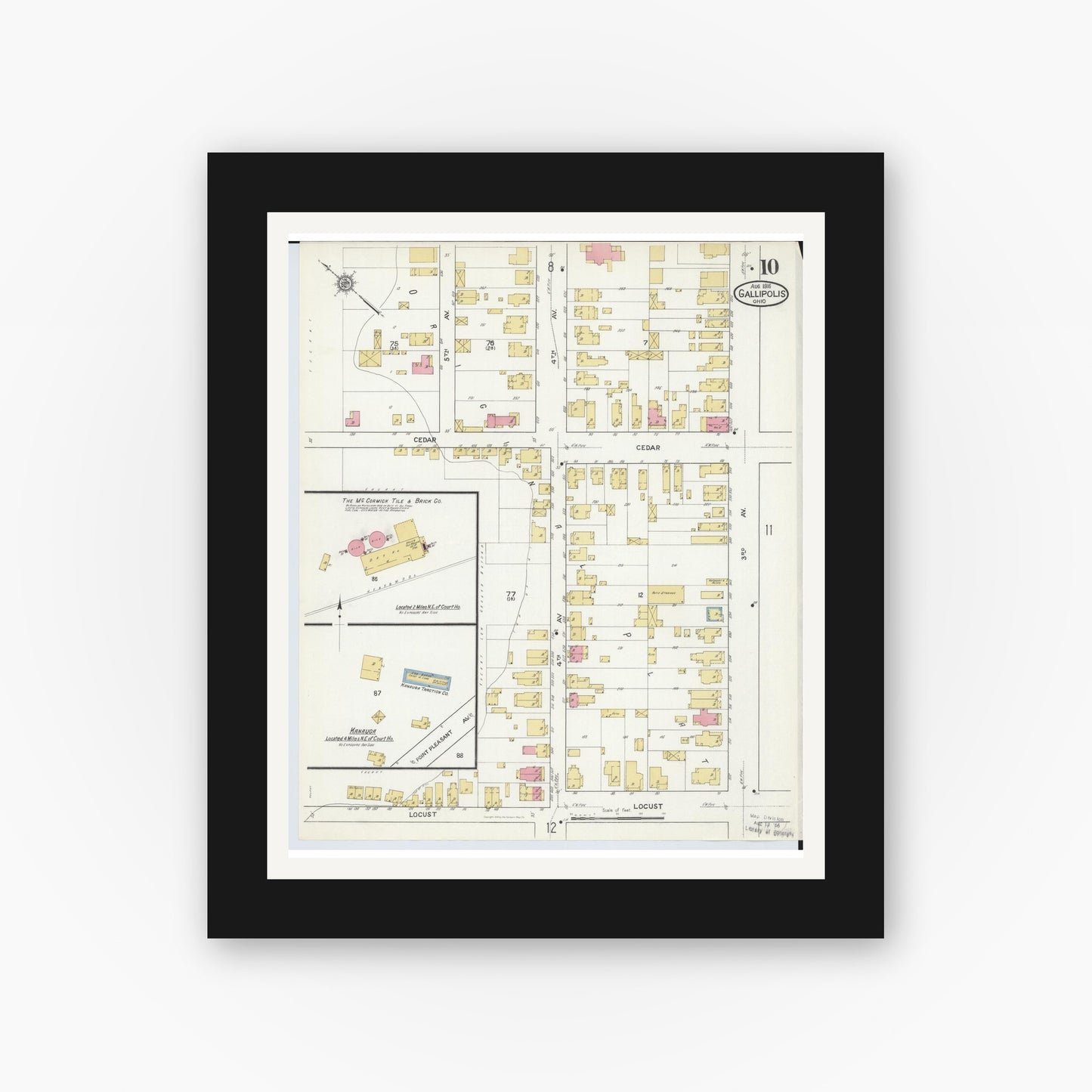 Old map wall art mockup — black gallery frame with white mat — Sanborn Fire Insurance Map from Gallipolis, Gallia County, Ohio (1916), Sheet #0010