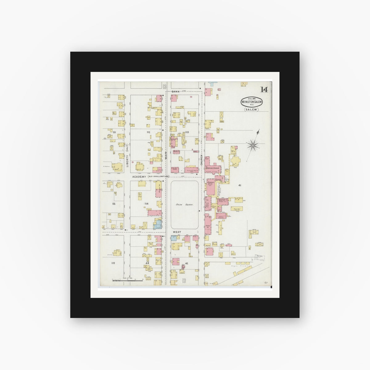 Old map wall art mockup — black gallery frame with white mat — Sanborn Fire Insurance Map from Winston-Salem, Forsyth County, North Carolina (1895), Sheet #0014