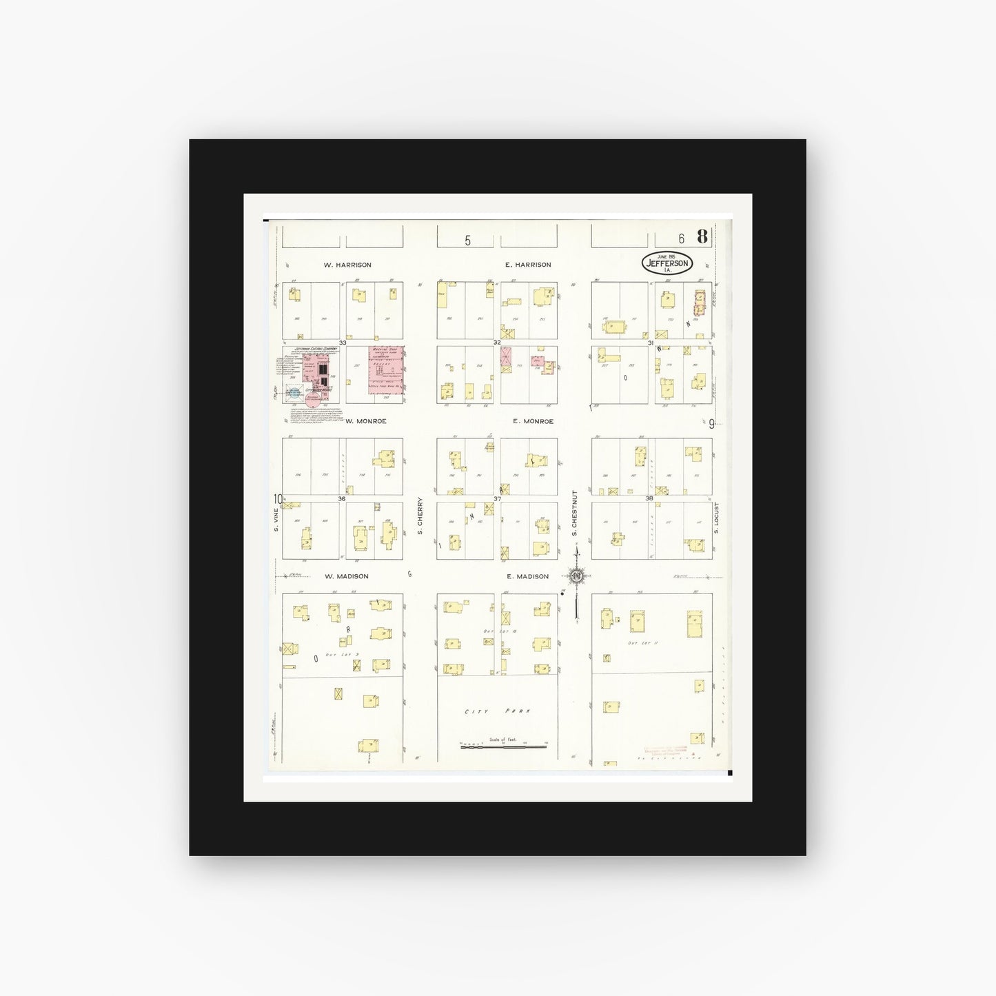 Old map wall art mockup — black gallery frame with white mat — Sanborn Fire Insurance Map from Jefferson, Greene County, Iowa (1915), Sheet #0008