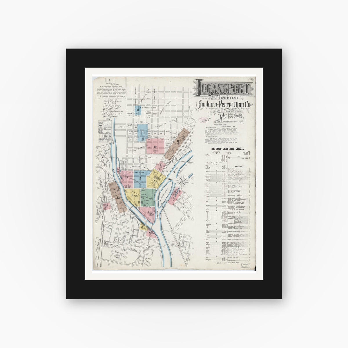 Old map wall art mockup — black gallery frame with white mat — Sanborn Fire Insurance Map from Logansport, Cass County, Indiana (1890) - Complete Map Set