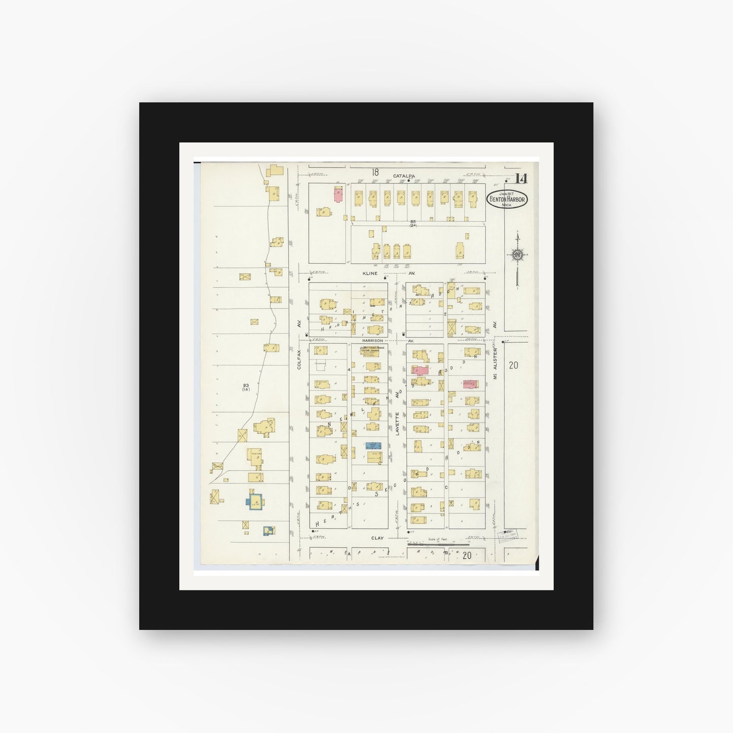 Old map wall art mockup — black gallery frame with white mat — Sanborn Fire Insurance Map from Benton Harbor, Berrien County, Michigan (1917), Sheet #0014