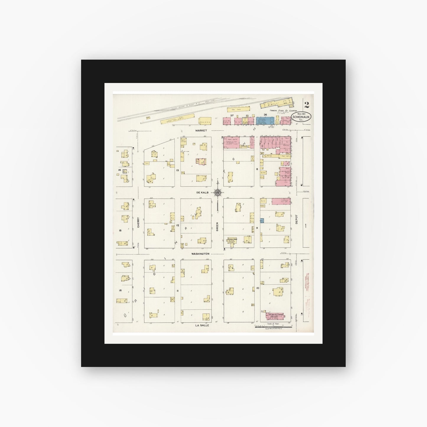 Old map wall art mockup — black gallery frame with white mat — Sanborn Fire Insurance Map from Somonauk, De Kalb County, Illinois (1921), Sheet #0002