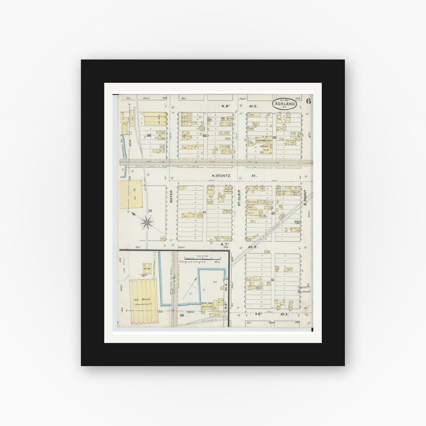 Old map wall art mockup — black gallery frame with white mat — Sanborn Fire Insurance Map from Ashland, Ashland County, Wisconsin (1890), Sheet #0006