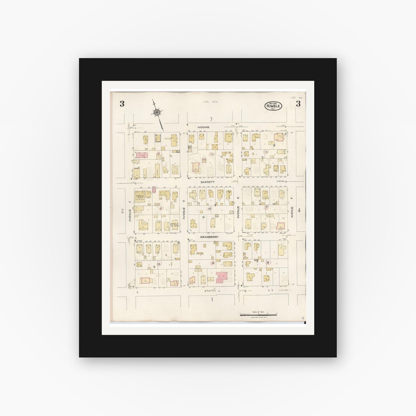 Old map wall art mockup — black gallery frame with white mat — Sanborn Fire Insurance Map from Humble, Harris County, Texas (1940), Sheet #0003