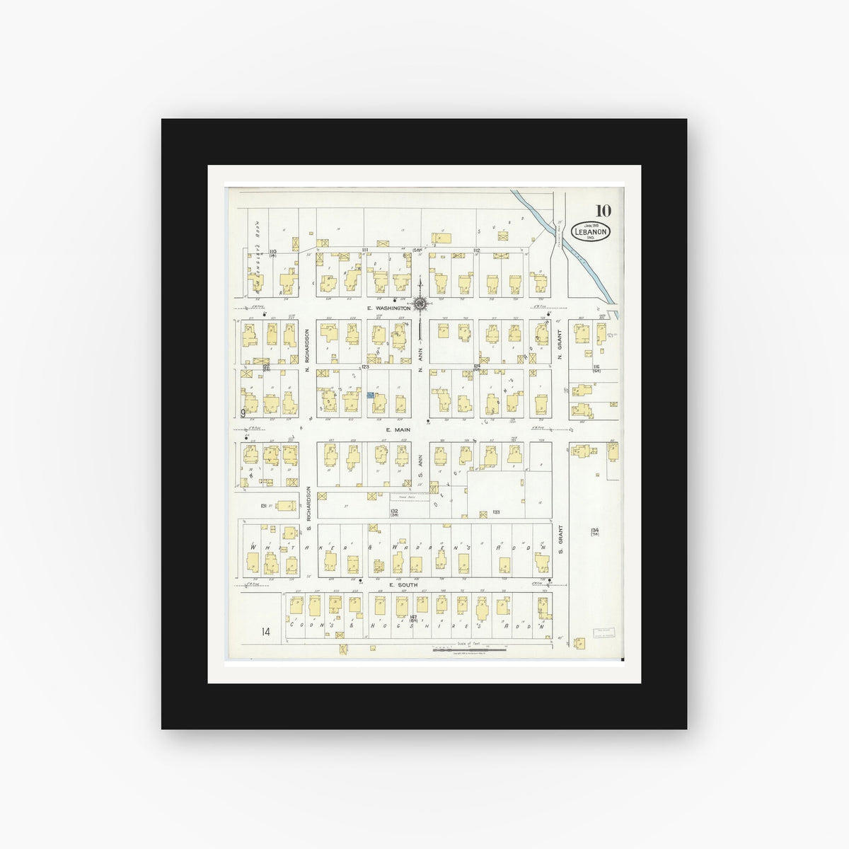 Old map wall art mockup — black gallery frame with white mat — Sanborn Fire Insurance Map from Lebanon, Boone County, Indiana (1919), Sheet #0010