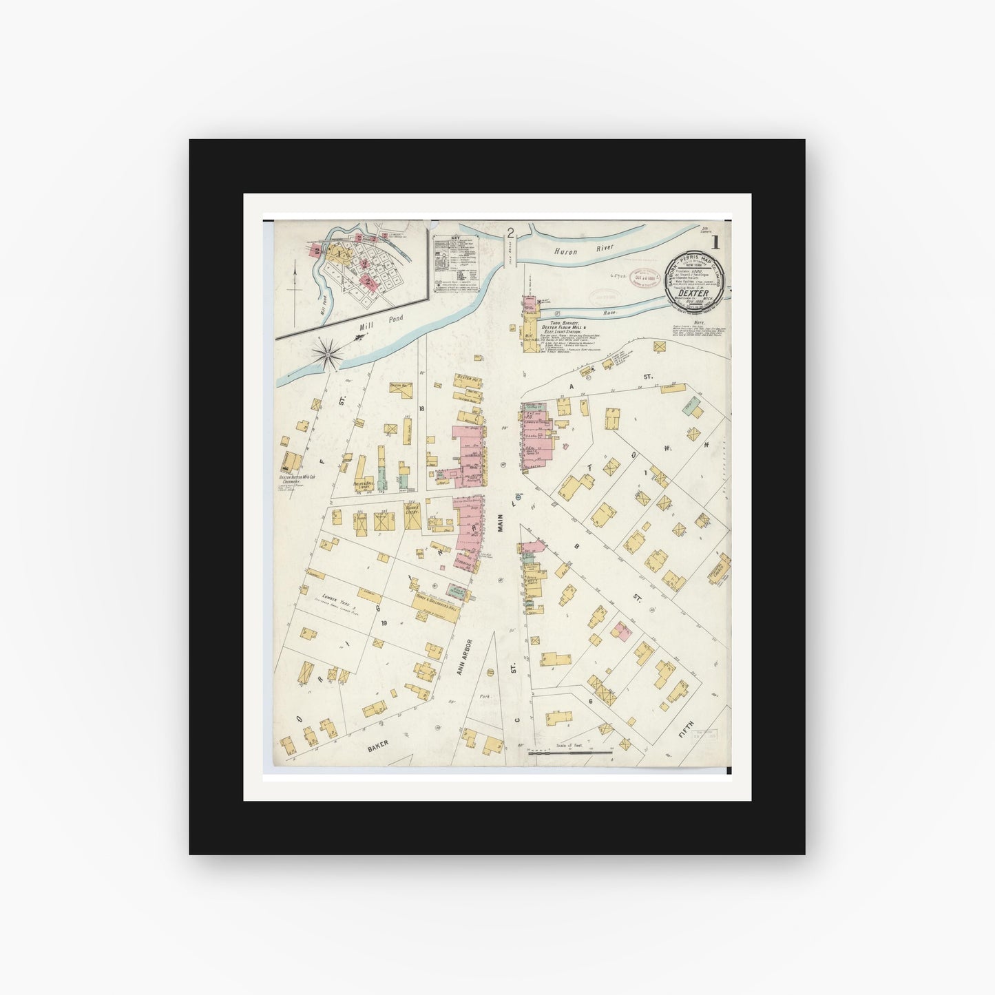 Old map wall art mockup — black gallery frame with white mat — Sanborn Fire Insurance Map from Dexter, Washtenaw County, Michigan (1899) - Complete Map Set