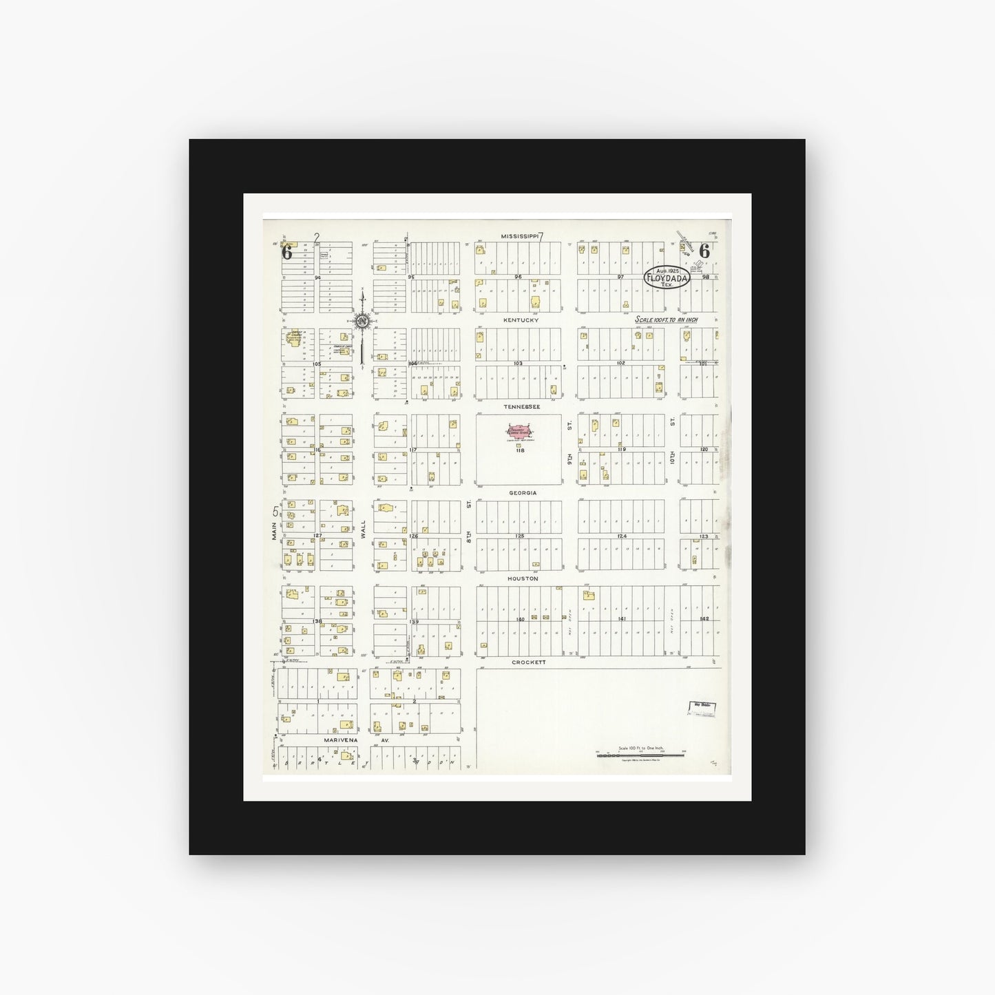 Old map wall art mockup — black gallery frame with white mat — Sanborn Fire Insurance Map from Floydada, Floyd County, Texas (1925), Sheet #0006
