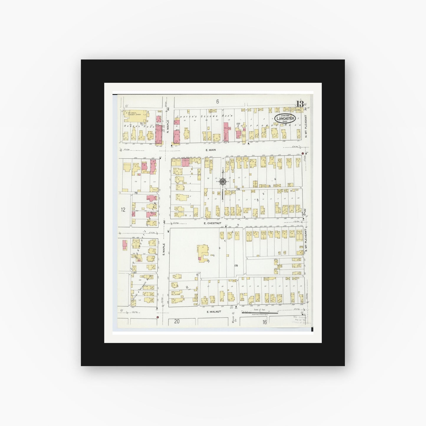 Old map wall art mockup — black gallery frame with white mat — Sanborn Fire Insurance Map from Lancaster, Fairfield County, Ohio (1919), Sheet #0013