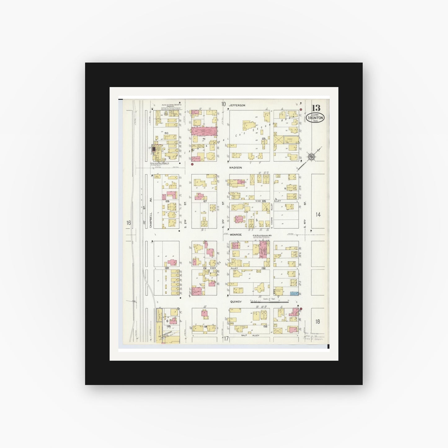 Old map wall art mockup — black gallery frame with white mat — Sanborn Fire Insurance Map from Ironton, Lawrence County, Ohio (1916), Sheet #0013