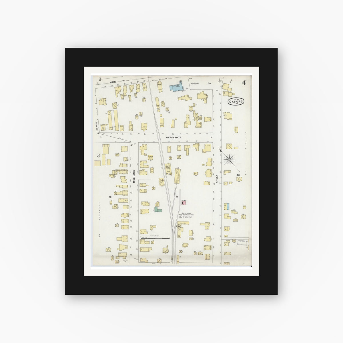 Old map wall art mockup — black gallery frame with white mat — Sanborn Fire Insurance Map from Oxford, Chenango County, New York (1897), Sheet #0004