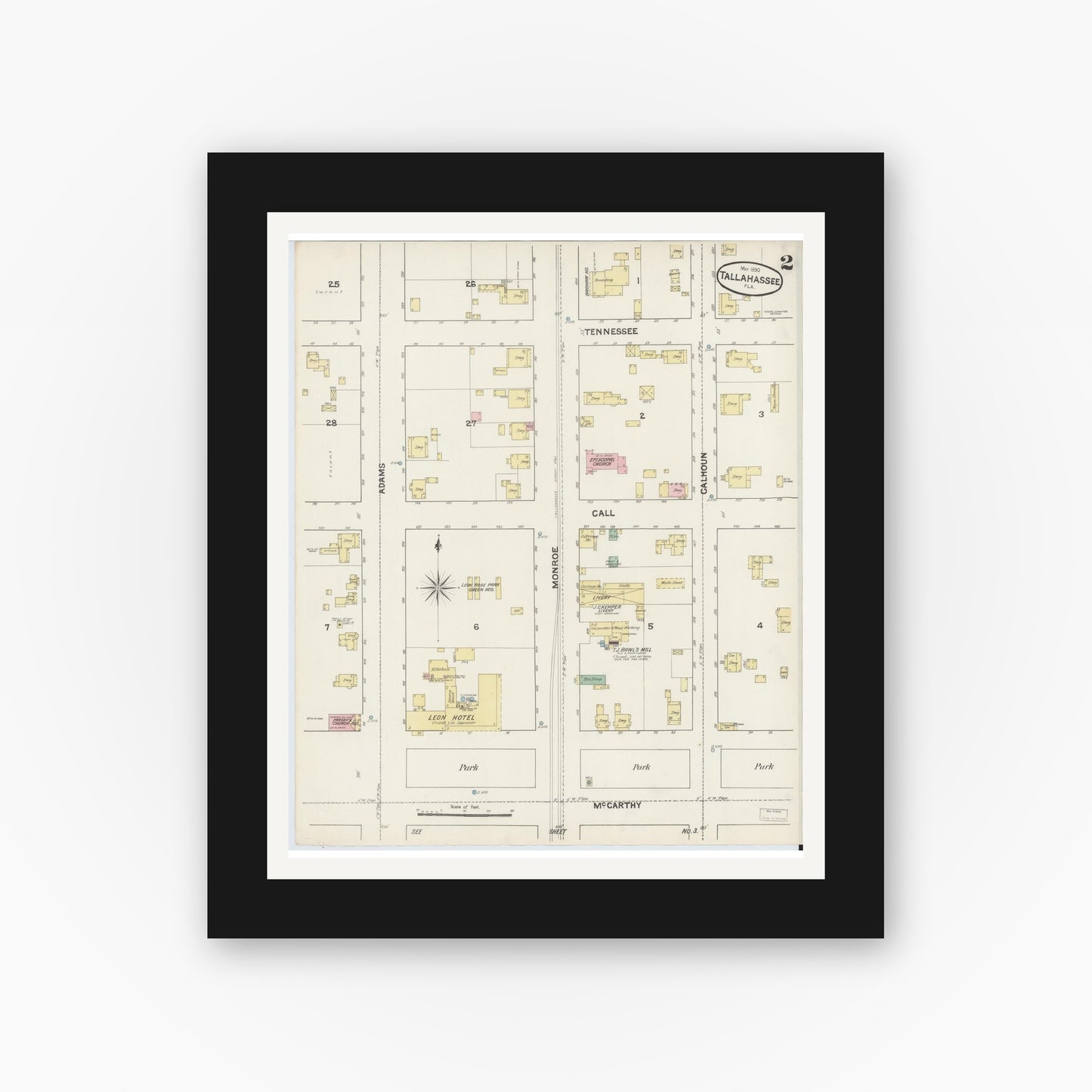 Old map wall art mockup — black gallery frame with white mat — Sanborn Fire Insurance Map from Tallahassee, Leon County, Florida (1890), Sheet #0002