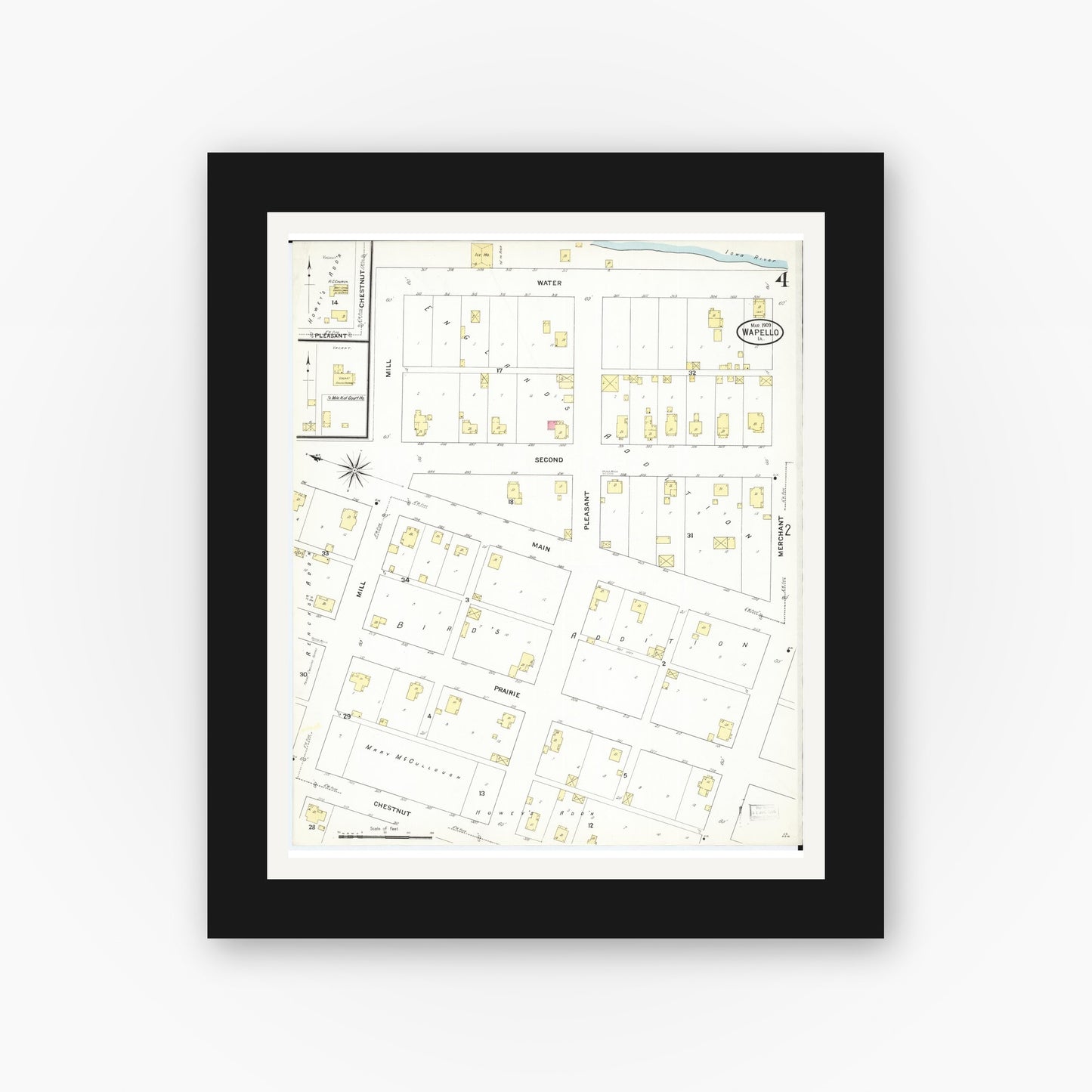 Old map wall art mockup — black gallery frame with white mat — Sanborn Fire Insurance Map from Wapello, Louisa County, Iowa (1909), Sheet #0004