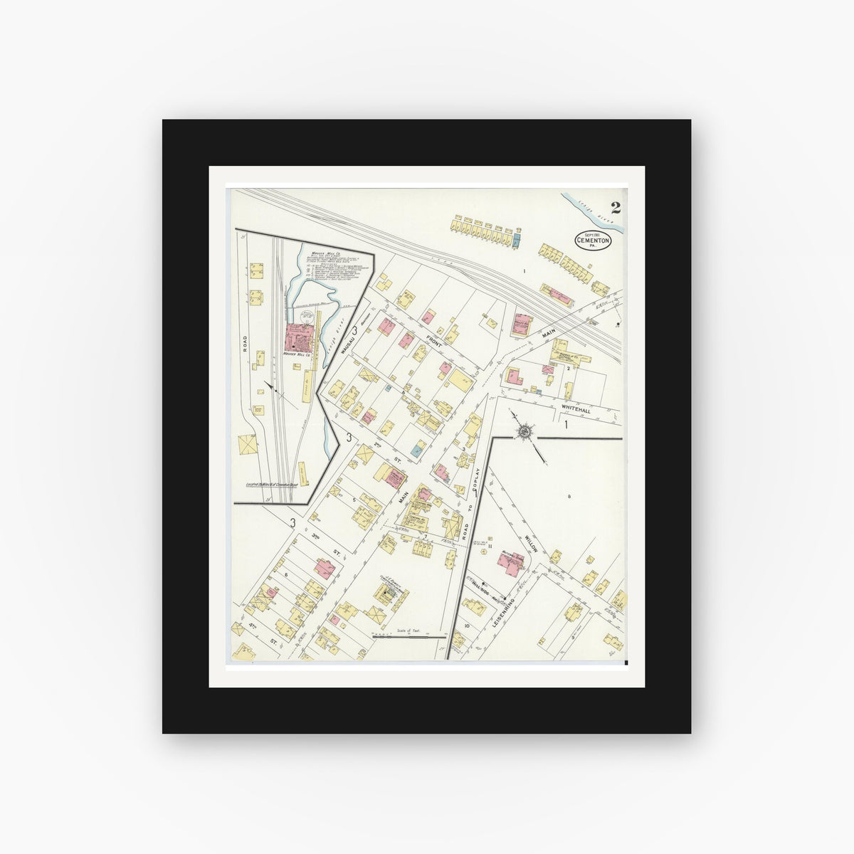 Old map wall art mockup — black gallery frame with white mat — Sanborn Fire Insurance Map from Cementon, Lehigh County, Pennsylvania (1911), Sheet #0002