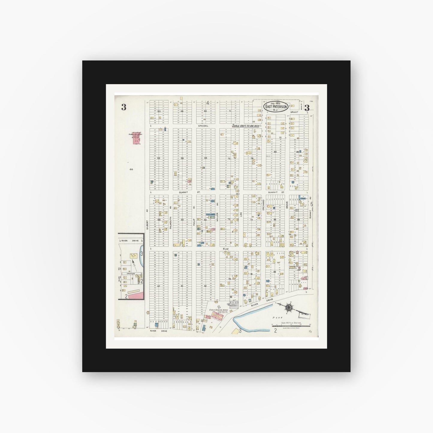 Old map wall art mockup — black gallery frame with white mat — Sanborn Fire Insurance Map from East Paterson, Bergen County, New Jersey (1925), Sheet #0003