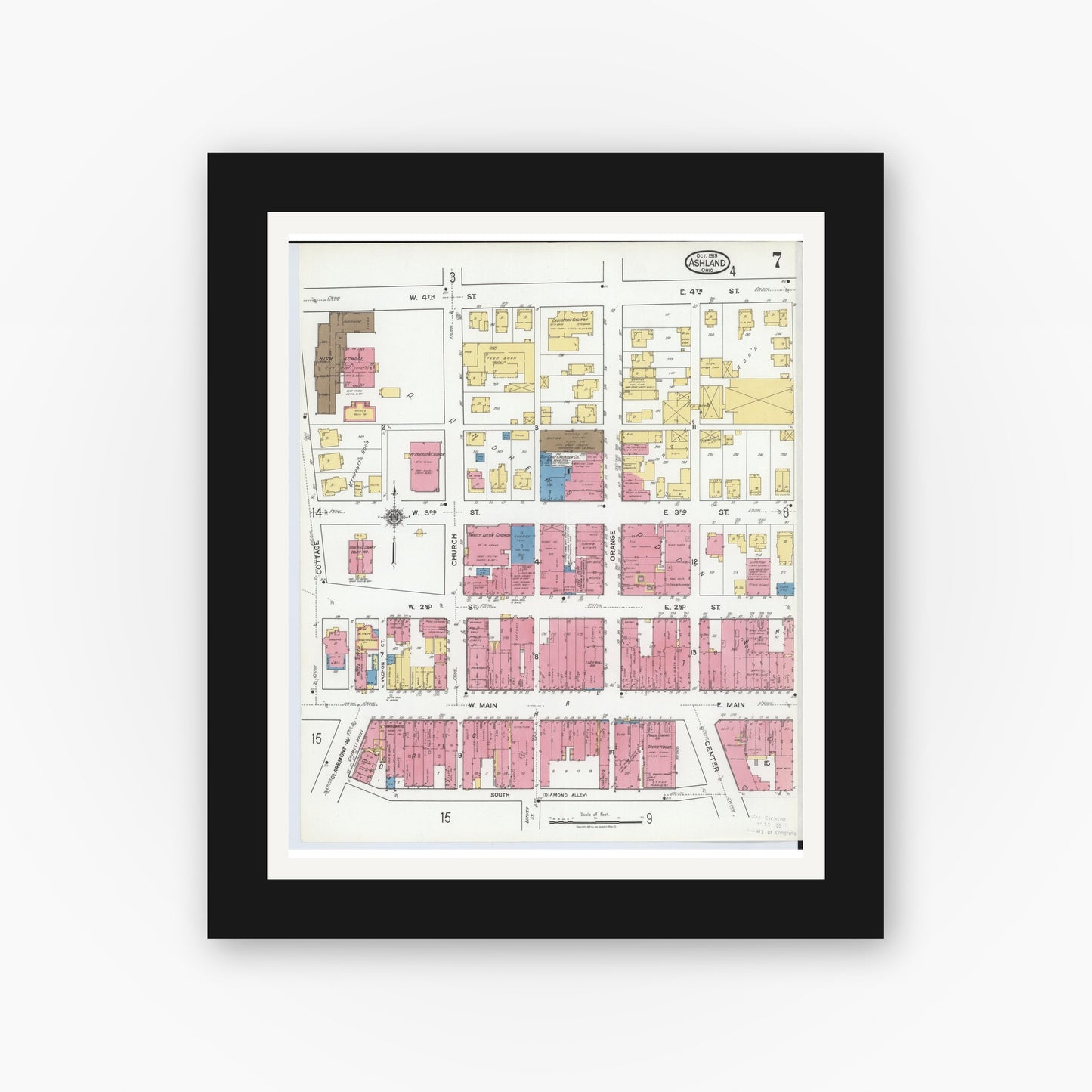 Old map wall art mockup — black gallery frame with white mat — Sanborn Fire Insurance Map from Ashland, Ashland County, Ohio (1919), Sheet #0007