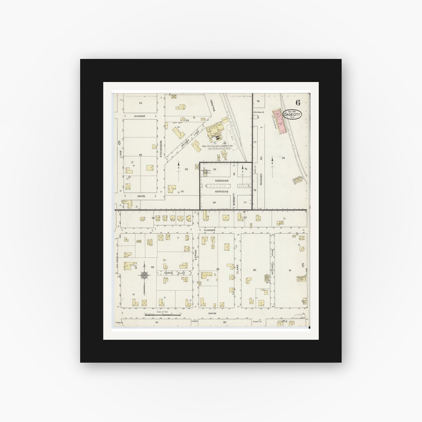 Old map wall art mockup — black gallery frame with white mat — Sanborn Fire Insurance Map from Dade City, Pasco County, Florida (1914), Sheet #0006