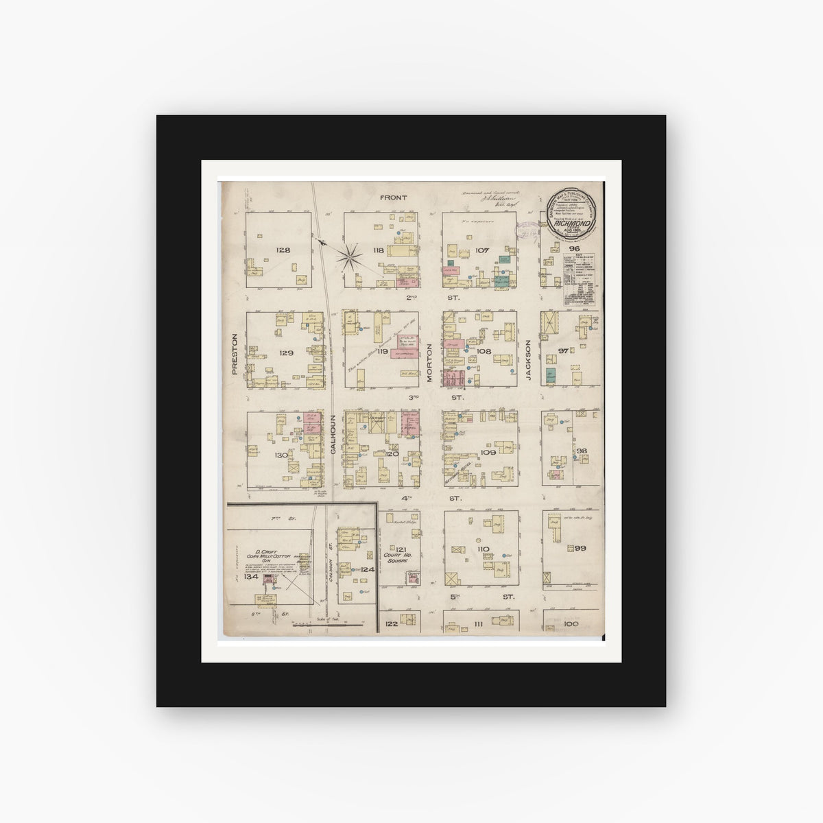 Old map wall art mockup — black gallery frame with white mat — Sanborn Fire Insurance Map from Richmond, Fort Bend County, Texas (1885), Sheet #0001