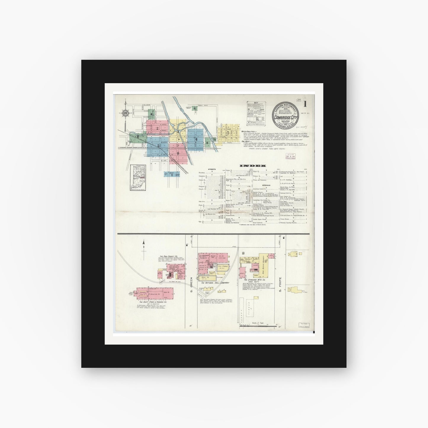 Old map wall art mockup — black gallery frame with white mat — Sanborn Fire Insurance Map from Cambridge City, Wayne County, Indiana (1913) - Complete Map Set