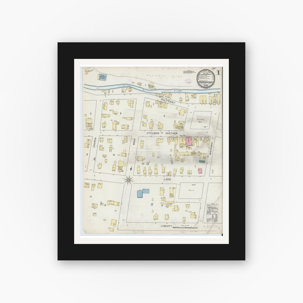 Old map wall art mockup — black gallery frame with white mat — Sanborn Fire Insurance Map from Hammondsport, Steuben County, New York (1893) - Complete Map Set