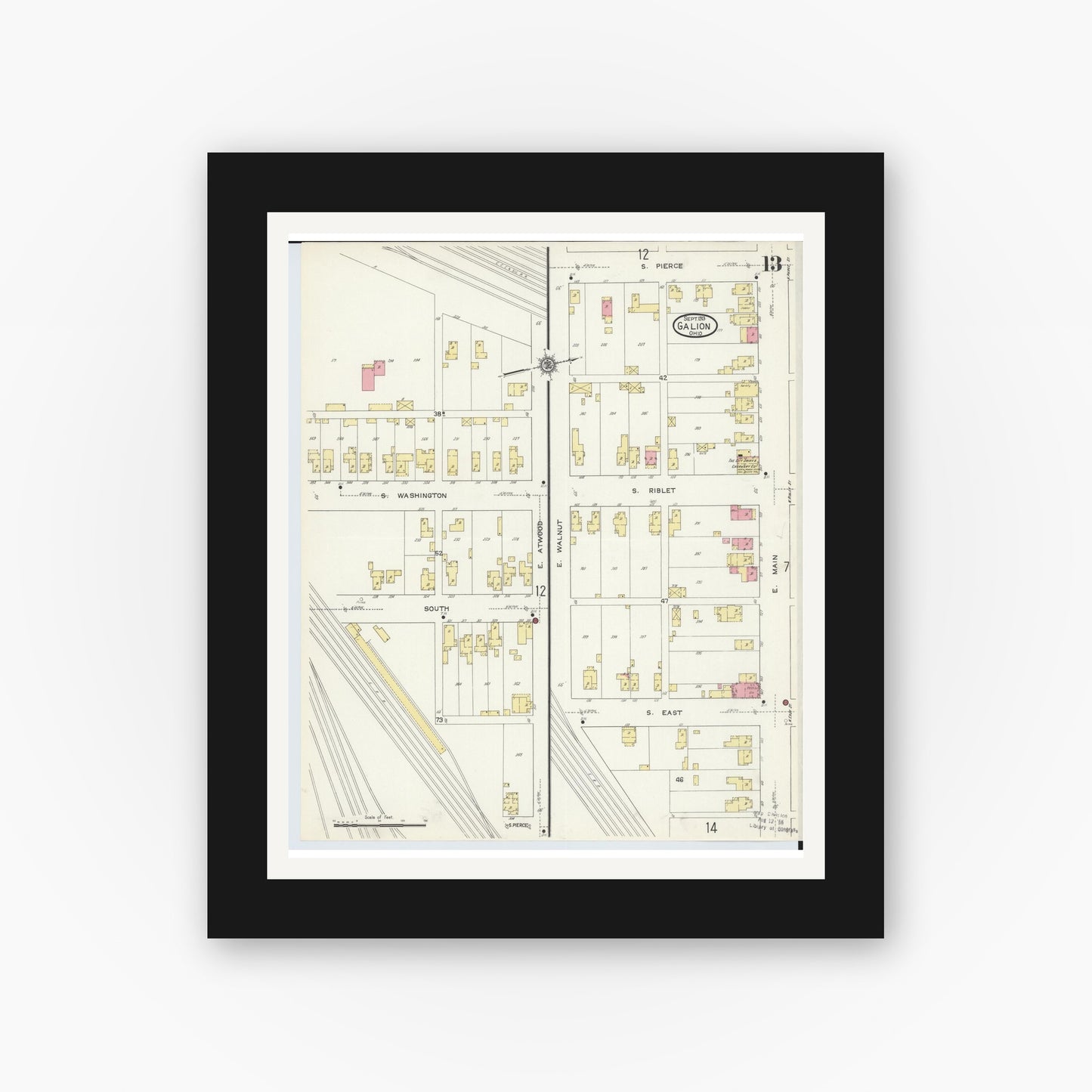 Old map wall art mockup — black gallery frame with white mat — Sanborn Fire Insurance Map from Galion, Crawford County, Ohio (1913), Sheet #0013