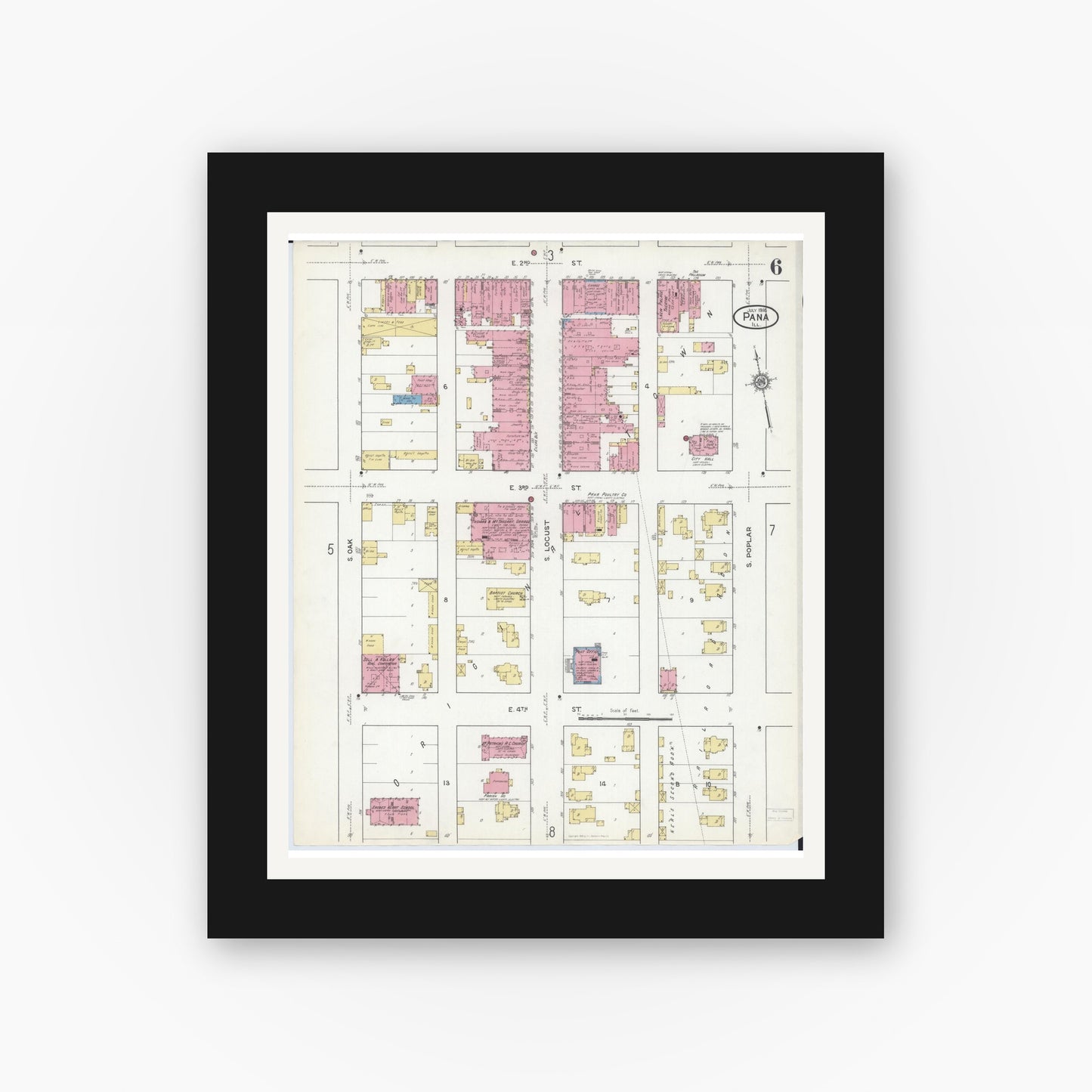 Old map wall art mockup — black gallery frame with white mat — Sanborn Fire Insurance Map from Pana, Christian County, Illinois (1916), Sheet #0006