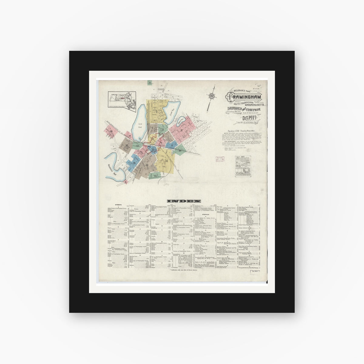 Old map wall art mockup — black gallery frame with white mat — Sanborn Fire Insurance Map from Framingham, Middlesex County, Massachusetts (1915) - Complete Map Set