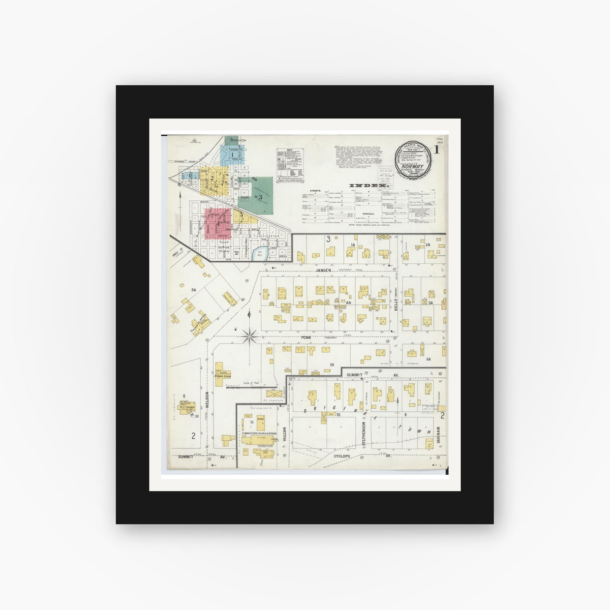 Old map wall art mockup — black gallery frame with white mat — Sanborn Fire Insurance Map from Norway, Dickinson County, Michigan (1900), Sheet #0001