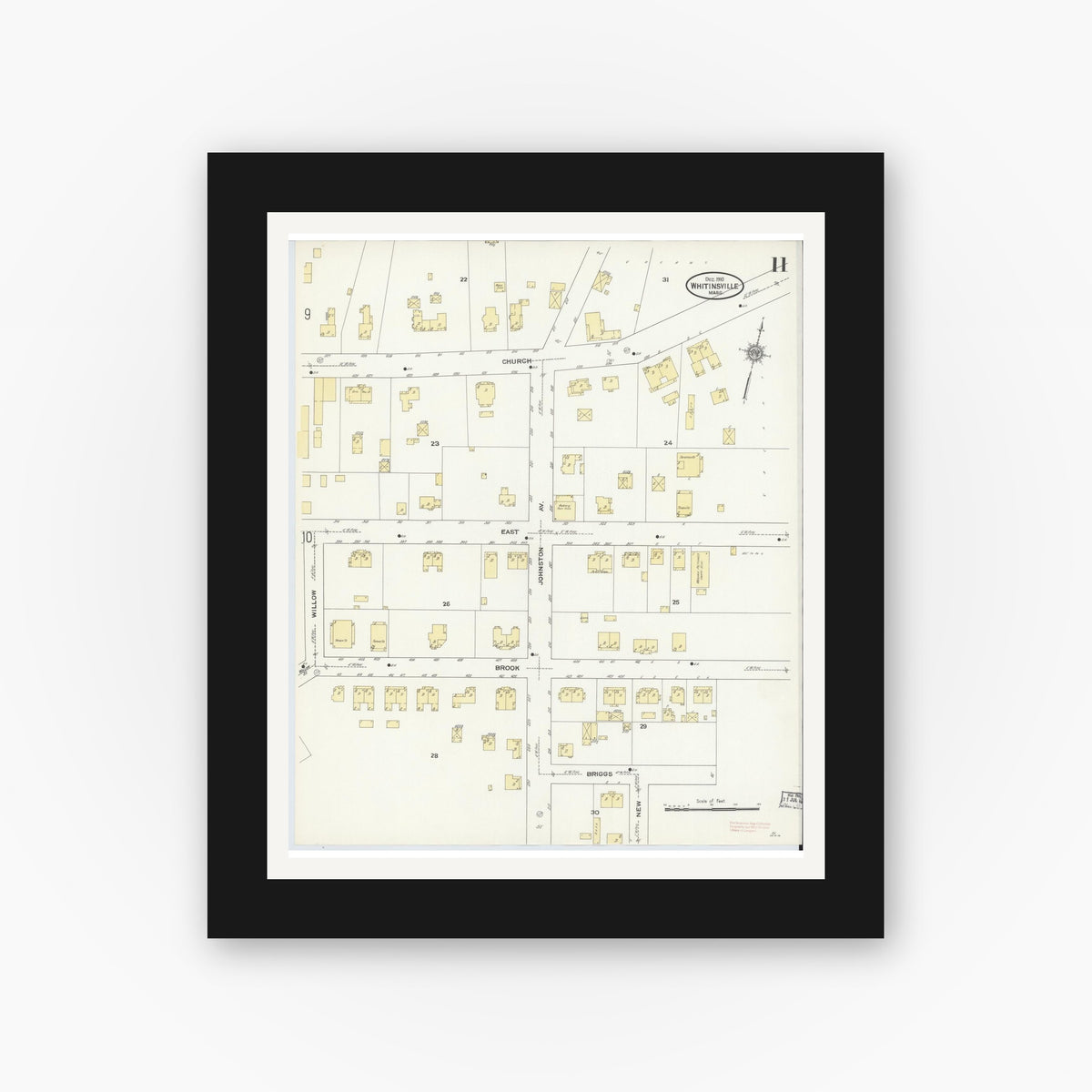 Old map wall art mockup — black gallery frame with white mat — Sanborn Fire Insurance Map from Whitinsville, Worcester County, Massachusetts (1910), Sheet #0011