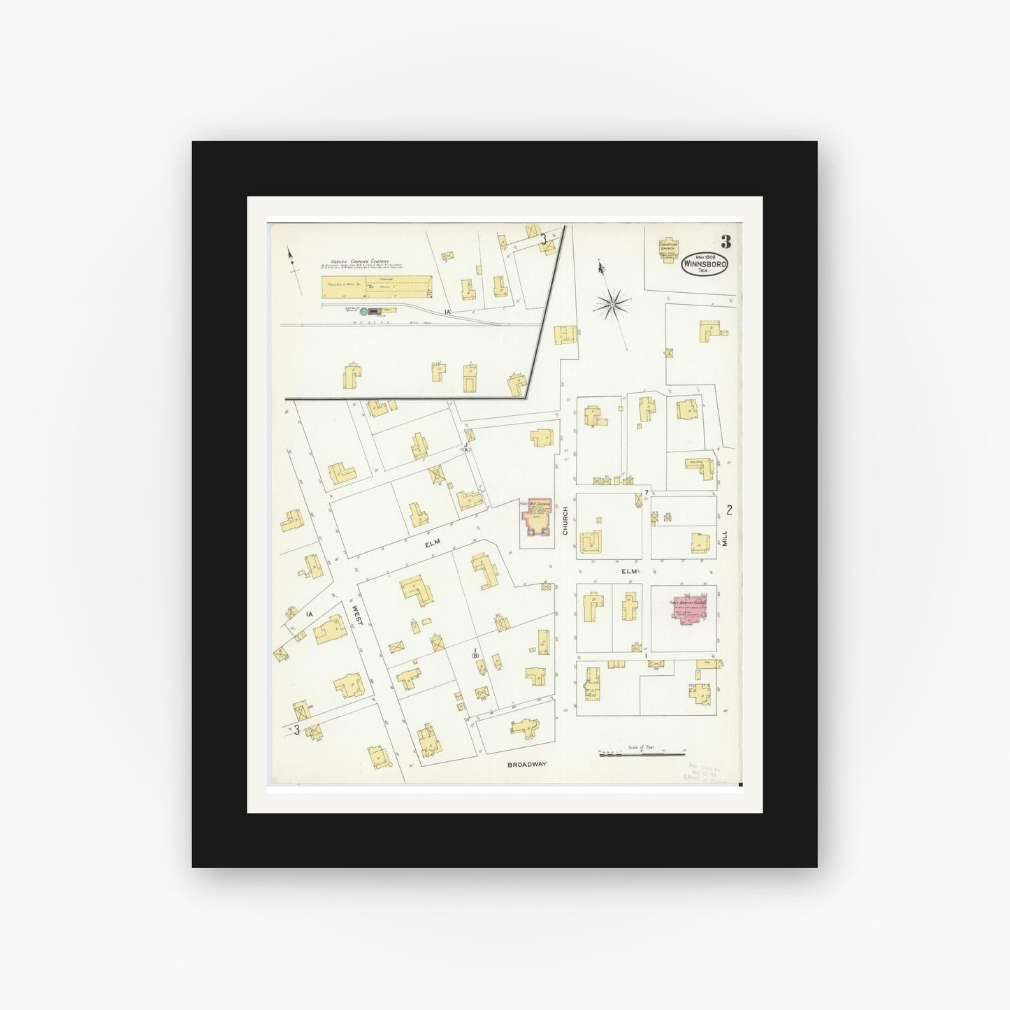 Old map wall art mockup — black gallery frame with white mat — Sanborn Fire Insurance Map from Winnsboro, Wood County, Texas (1909), Sheet #0003