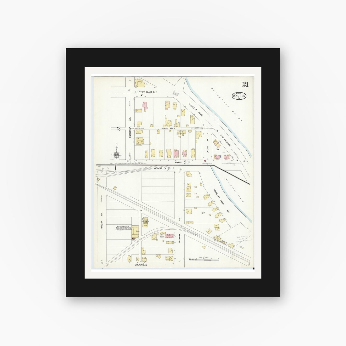Old map wall art mockup — black gallery frame with white mat — Sanborn Fire Insurance Map from Warren, Warren County, Pennsylvania (1912), Sheet #0021