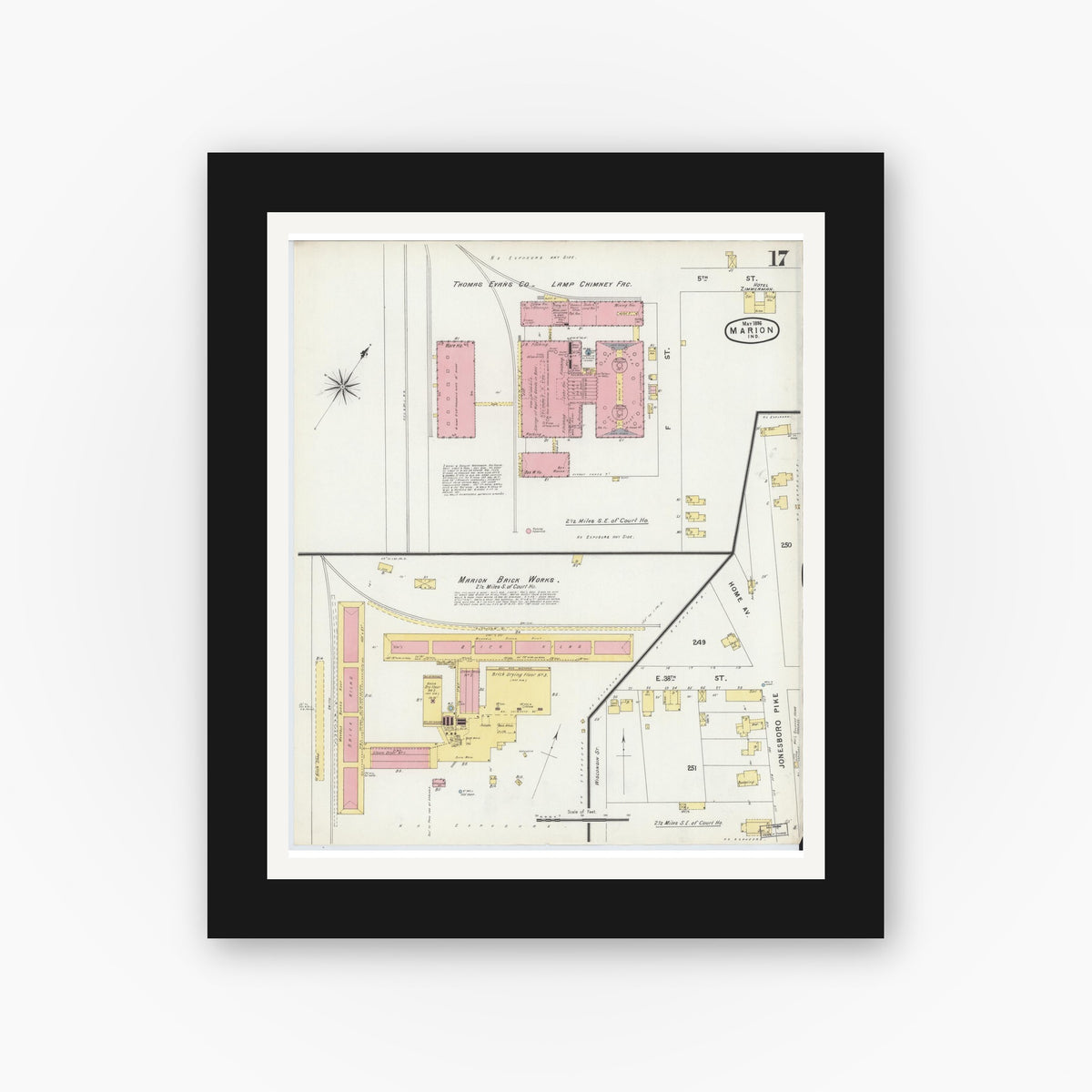 Old map wall art mockup — black gallery frame with white mat — Sanborn Fire Insurance Map from Marion, Grant County, Indiana (1896), Sheet #0017